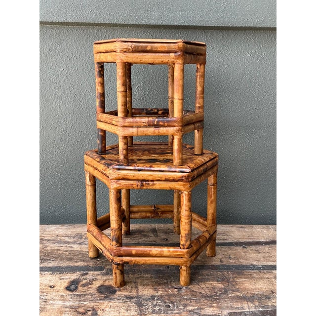 Wood Vintage Hexagonal Bamboo Orchid Pedestals - Set of 2 For Sale - Image 7 of 12