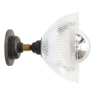 Clear Holophane Glass and Cast Iron Sconce For Sale