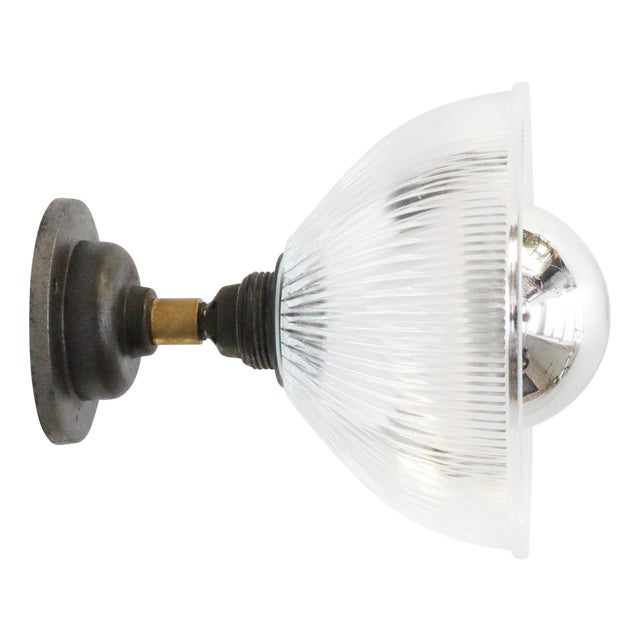Clear Holophane Glass and Cast Iron Sconce For Sale