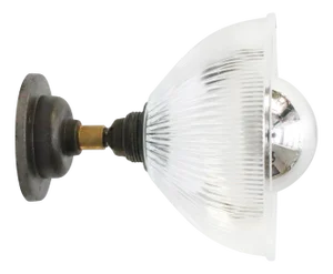 Clear Holophane Glass and Cast Iron Sconce