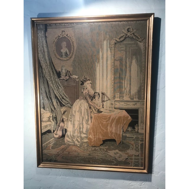 Antique French tapestry, circa 1791. A music lesson scene, within a beautiful interior surrounded by wonderful objects....