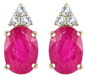 Contemporary Style Trio Diamond Ruby Stud Earrings in 14k Gold- 2 Pieces