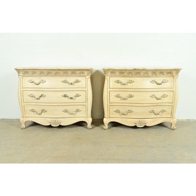 French Provincial Henredon French Rococo Louis XV Carved Oak and Silver Gilt Marble Top Commodes or Chests of Drawers, Pair For Sale - Image 3 of 16