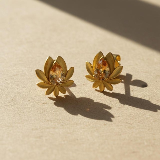 Pear-Cut Citrine Lutus Flower Earrings Studs, Silver, Gold, Pair For Sale - Image 4 of 7