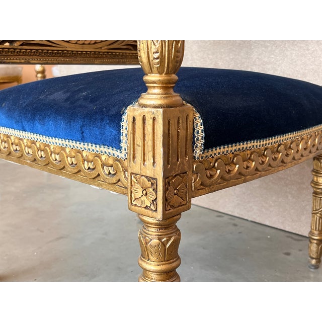 Pair of Louis XVI Style Giltwood Armchairs With Blue Klein Velvet For Sale - Image 11 of 13