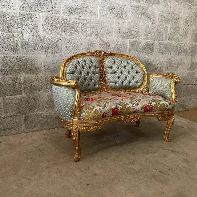 Rococo French Rococo Style Damask Fabric Settee For Sale - Image 3 of 9