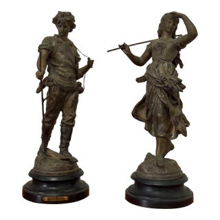 Auguste Moreau Pair of Late 19th-Century French Figures, “The Shepherd and the Shepherdess” For Sale