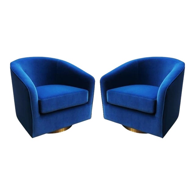 Blue Velvet & Brass Swivel Chairs in the Style of Milo Baughman - A Pair For Sale