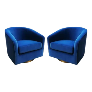 Blue Velvet & Brass Swivel Chairs in the Style of Milo Baughman - A Pair