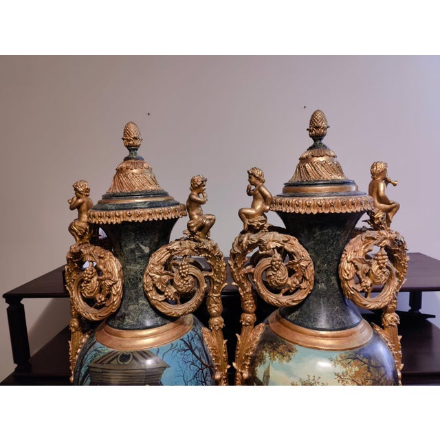 Pair of Early 20th Century Italian Hand Painted Green Marble Floor Urns For Sale - Image 4 of 12