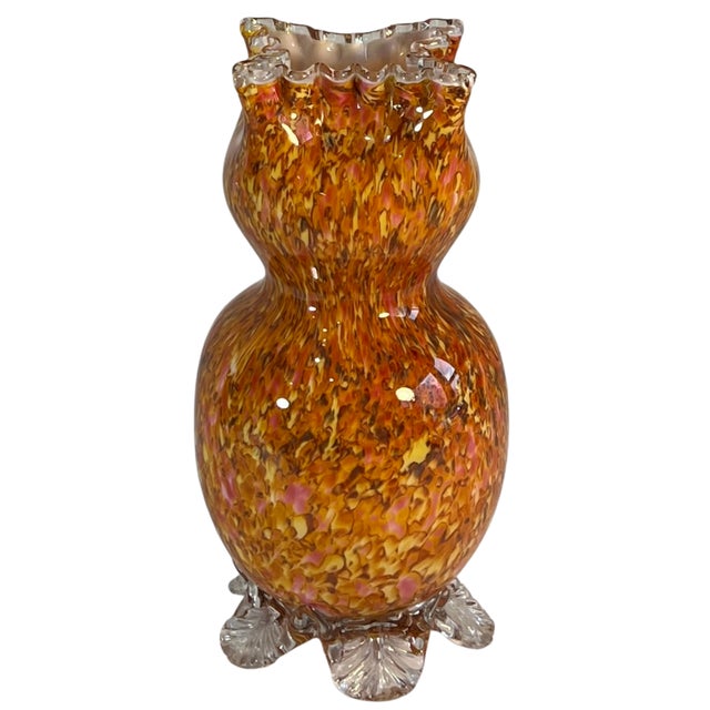 This striking antique Franz Welz–style art glass vase stands 10 1/4 inches tall and measures 5 1/2 inches at its widest...