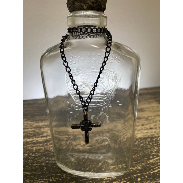 Handmade Crystal Cross Assemblage Sculpture on Embossed Clear Glass Flask For Sale In Tampa - Image 6 of 7