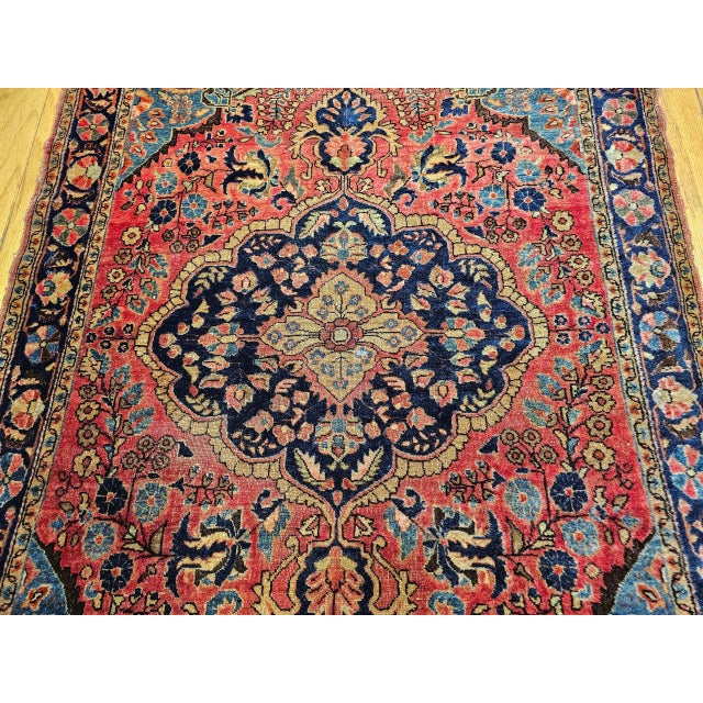 Vintage Persian Sarouk Area Rug, Handwoven Floral Design, Red & Turquoise, 4’ X 5’ For Sale - Image 12 of 12