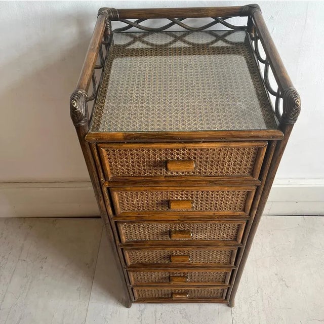 Angraves Dark Brown Cane and Bamboo Tallboy / Chest of Drawers., 1970s For Sale - Image 10 of 13