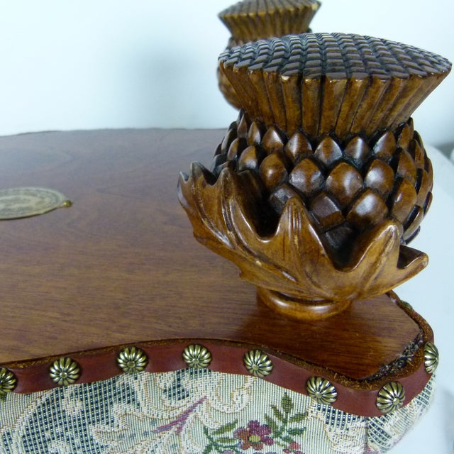Vintage 1993 MacKenzie-Childs Aurora Carved Leaf Footstool Tapestry Ottoman Accent For Sale - Image 10 of 17
