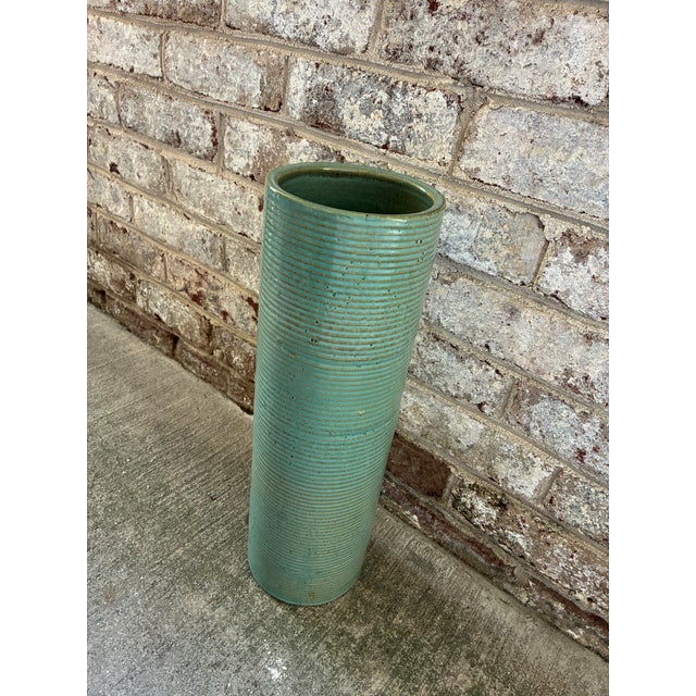 Ceramic Tall Ribbed Pottery Vase, Turquoise For Sale - Image 7 of 13