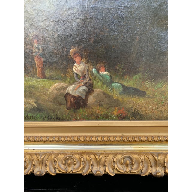 Green Antique Country Landscape With Three Ladies in a Carved Giltwood Frame For Sale - Image 8 of 17