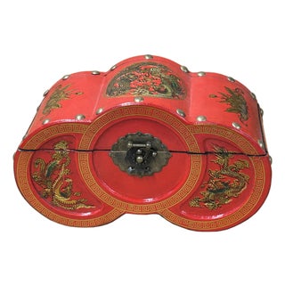 Oriental Bright Red Dragon Phoenix Graphic Circles Shape Container Box For Sale