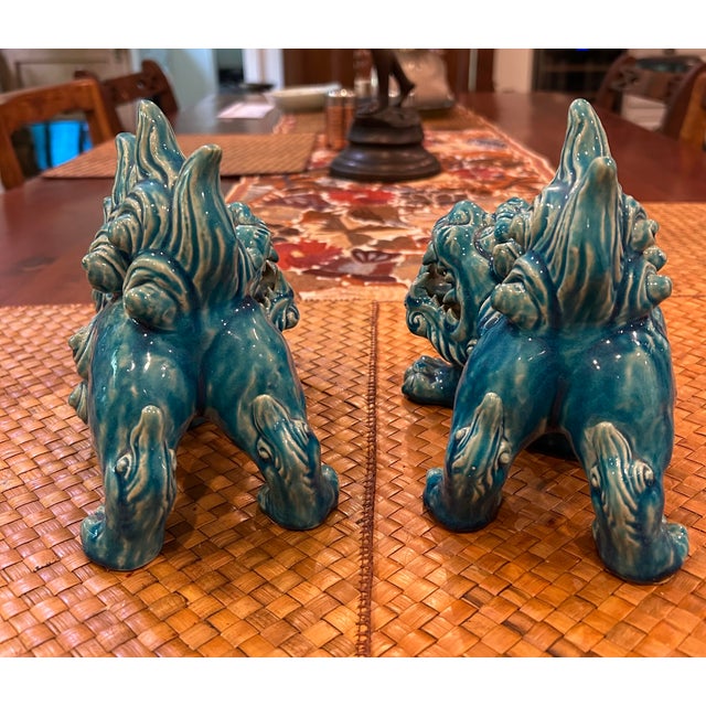 Asian Antique Vintage Turquoise Porcelain Foo Dog Statues - A Pair For Sale - Image 3 of 4