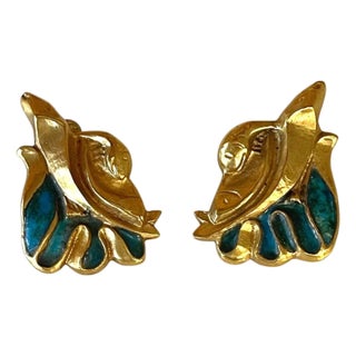 Pair of Bronze and Enamel Earrings Line Vautrin For Sale