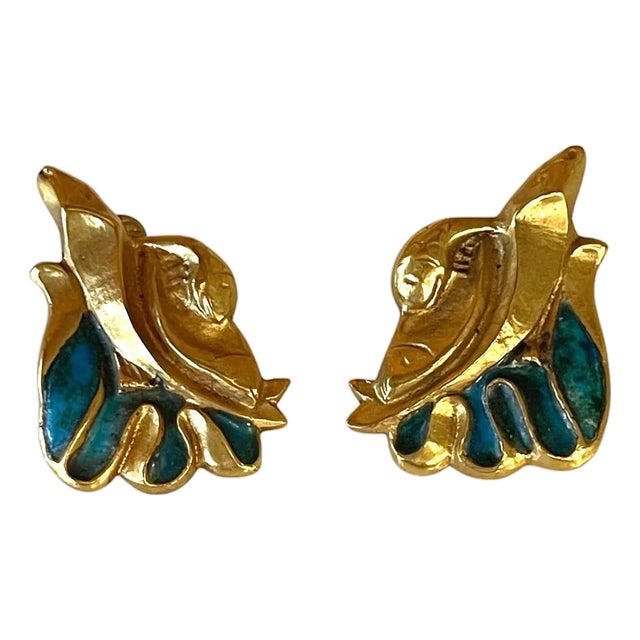 Pair of Bronze and Enamel Earrings Line Vautrin For Sale