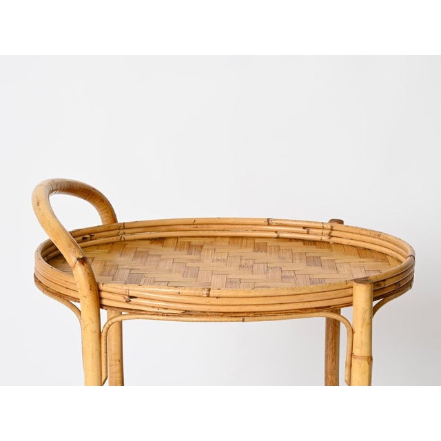1960s Mid-Century Italian Oval Serving Bar Cart Trolley in Bamboo and Rattan, 1960s For Sale - Image 5 of 13