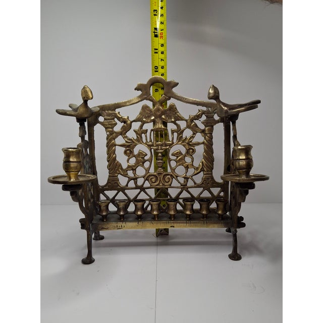 Religious Antique 19th C. Polish Brass Bench Menorah Hanukkah Lamp Lions Birds Openwork For Sale - Image 3 of 18