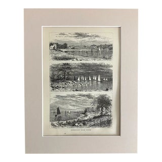 Antique 1874 Wood Engraving, "Connecticut Shore Scenes" in Frame-Ready 11x14 Mat For Sale