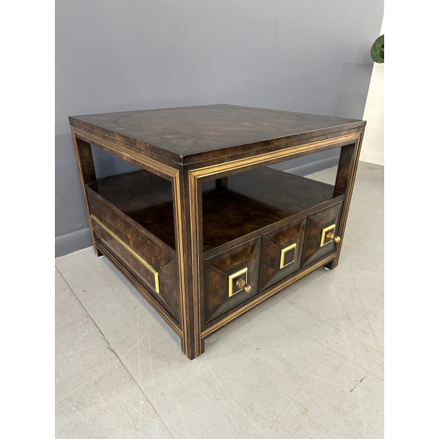 Mastercraft 1970s Mastercraft Burl Elm & Brass End Table or Night Stand W/Drawer For Sale - Image 4 of 12
