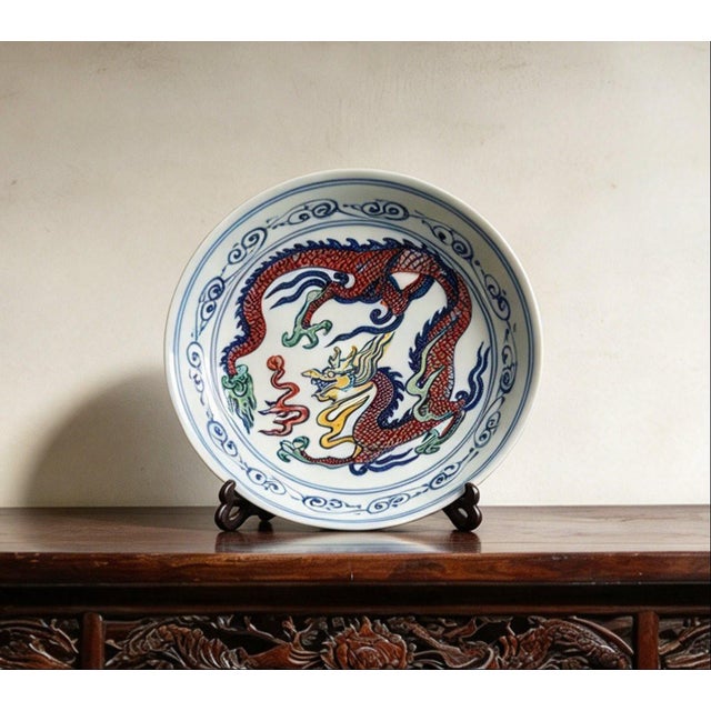 Art Deco Chinese Ceramic Plate,Guangxu Marked Famille Rose Porcelain Plate Hand Painted Dragon Pattern For Sale - Image 3 of 11
