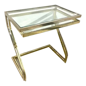 Modern Glass Top Brass Frame Nesting Tables - A Pair