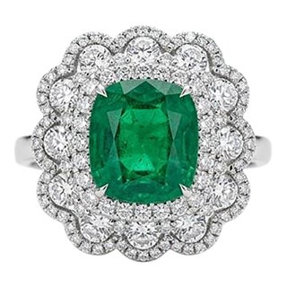 Gia Certified Zambia Cushion Emerald & Diamond Ring in 18k White Gold, Size 6.5 For Sale