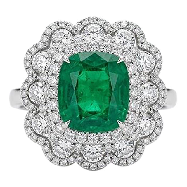 Gia Certified Zambia Cushion Emerald & Diamond Ring in 18k White Gold, Size 6.5 For Sale