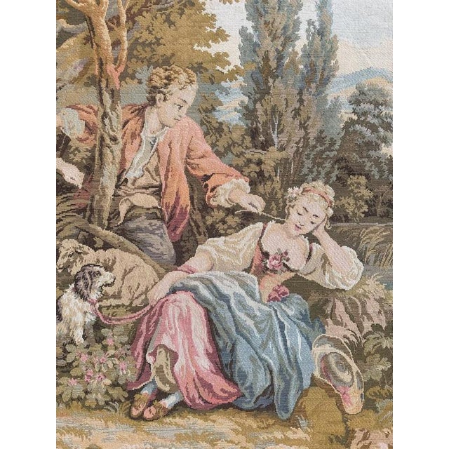 Large Vintage French Aubusson Jacquard Tapestry Pastoral Loves, 1960s For Sale - Image 11 of 18