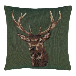 Stag on Green Tapestry Cushion With Feather Filler - 46 X 46cm For Sale