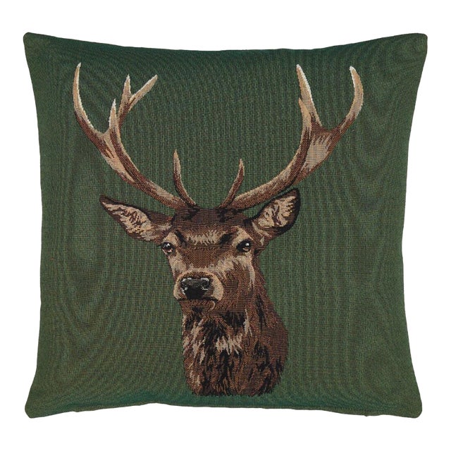Stag on Green Tapestry Cushion With Feather Filler - 46 X 46cm For Sale
