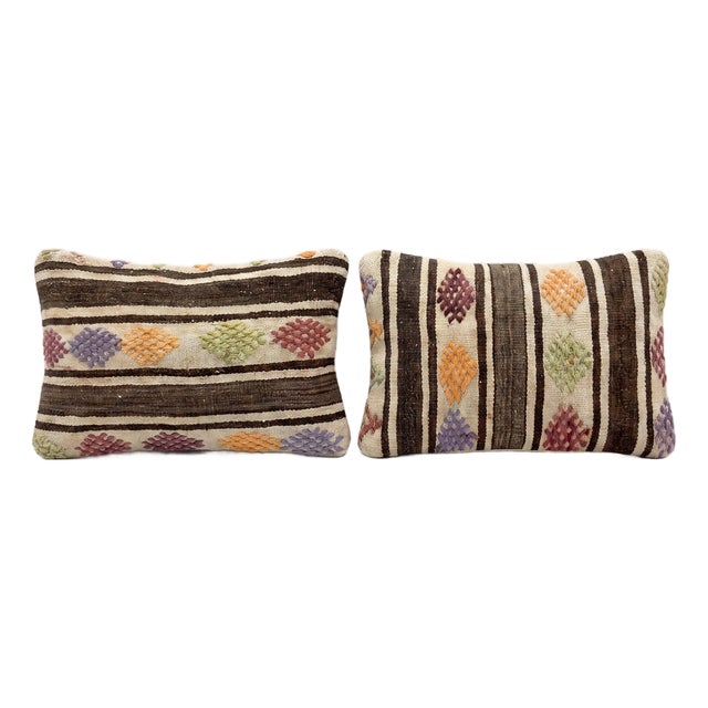 Anatolian Lumbar Kilim Pillow Cover 16'' X 24'' - Set of Two For Sale
