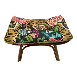 1970s Rattan Ottoman in Reupholstered Designer Chinoiserie Fabric For Sale