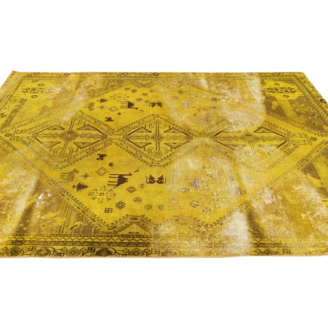 Textile Vintage Distressed Turkish Handmade Yellow Tribal Wool Rug For Sale - Image 7 of 11