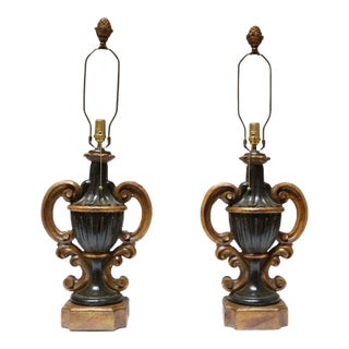 Pair of Vintage Rococo-Style Gilt Resin Urn-Form Table Lamps With Scroll Motifs For Sale