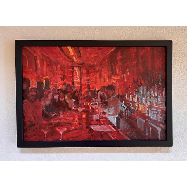 The painting captures a vibrant scene within a bar, where patrons interact amid a warm, enveloping glow of reds and...