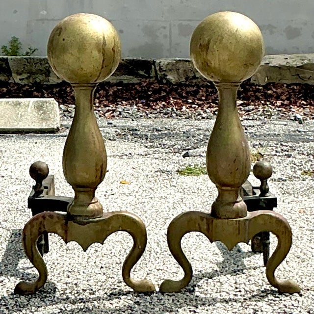 Mid 20th Century Vintage 19th Century Brass Cannonball Andirons - Set of 2 For Sale - Image 5 of 5