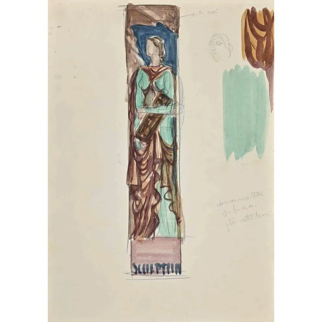 The Goddess In Stained Glass is an original Drawing in watercolor on ivory-colored paper realized in the early 20th...