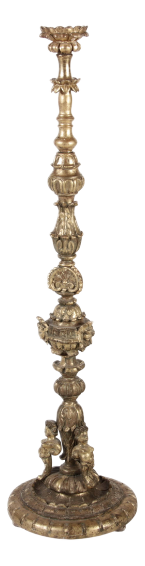 High Antique Gilded Wood Floor Chandelier, 1700s