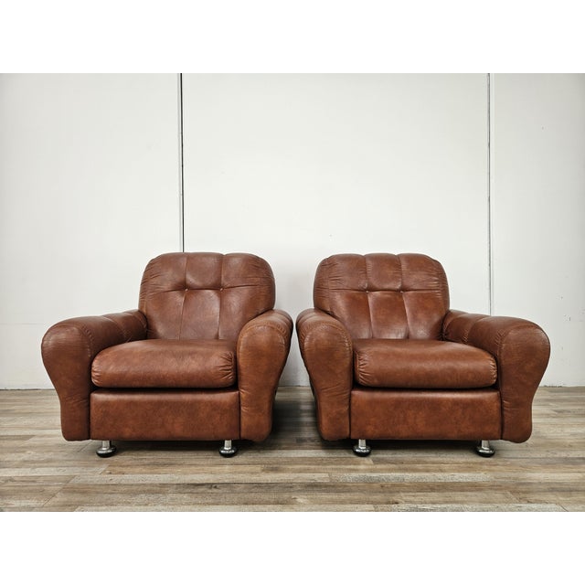 Vintage Italian Brown Leather Club Chairs, 1970s, Set of 2 For Sale - Image 17 of 17