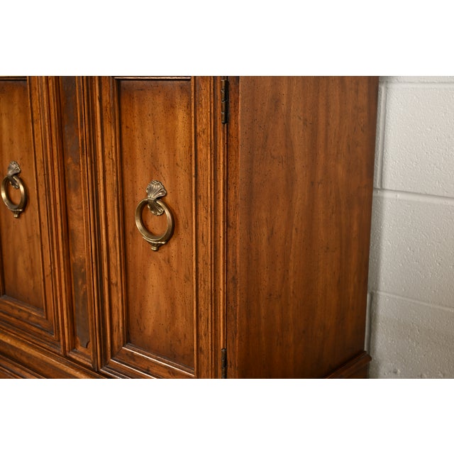 Drexel French Regency Louis XVI Carved Burled Walnut Lighted Breakfront Bookcase Cabinet, Circa 1960s For Sale - Image 11 of 18