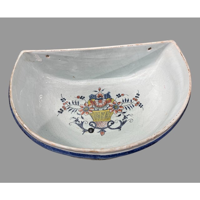 Antique French Faience Floral Polychrome Decorated Lavabo Wall Fountain For Sale - Image 10 of 11