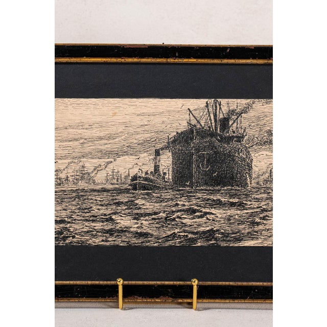 Original black and white steamboat sketch on paper featuring fine linework and detail. Signed by the artist and presented...