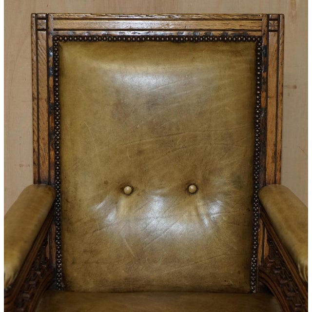 Victorian English Oak Hand Dyed Leather Library Reading Armchair For Sale - Image 3 of 18