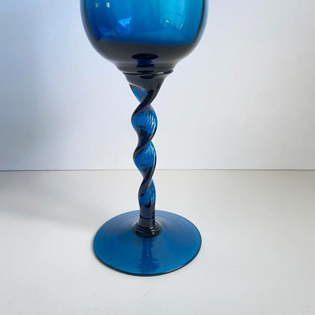 Mid-Century Modern Mid Century Modern 1960s Empoli Italian Art Glass Compote Vase Teal Blue Colored Twisted Snifter 13” Tall For Sale - Image 3 of 10